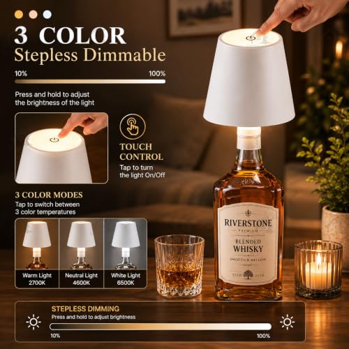 Image of ANKRI Wireless Bottle Lamp Combo LED 3 Colour Tones with Dimming | Touch Sensor On /Off | Night Light Lamp for Cafe Restaurant Home Living Room | 15 cm | USB Rechargeable | Black & White | Pack of 2