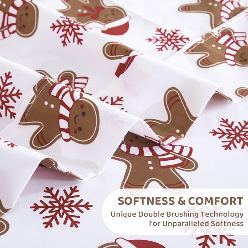 Image of Mooreeke Cozy Christmas Microfiber Printed Queen Sheet Set - Soft & Breathable Percale Brown Winter Bed Sheets with Extra Deep Pocket - Non-Slip Fitted Design - Red Snow Gingerbread Pattern
