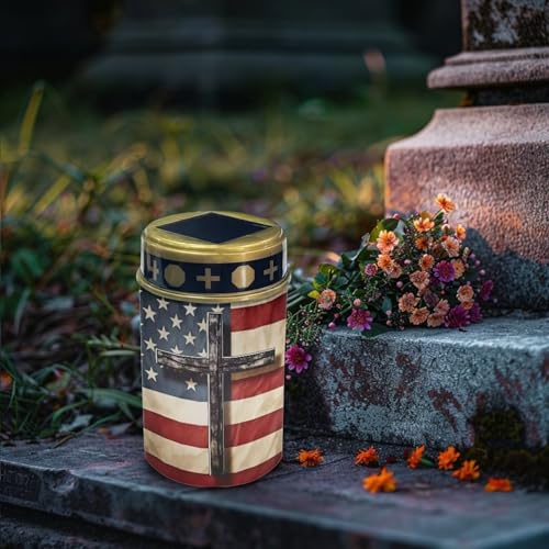 Image of Poceacles Cross Solar Pathway Lights Outdoor Grave Solar Lights Outside Waterproof Cemetery Flameless Candles Outdoor Solar Candle Grave Markers Eternal Decor, American Flag Cross, Pack of 4