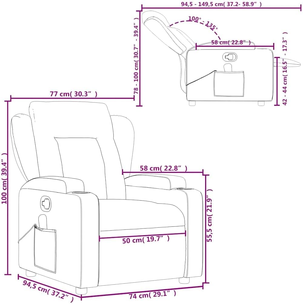 Detailed dimensions diagram of the recliner