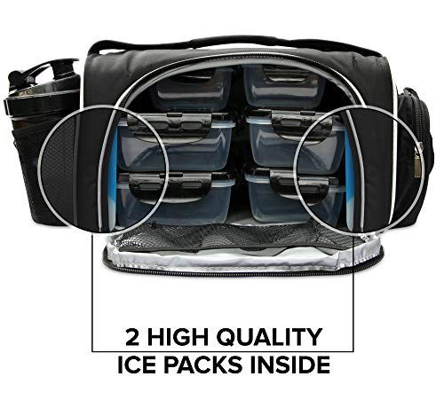 Meal Prep Bag By To Go Insulated Lunch Meals Bag W/6 Portion Control Containers,2 Ice Packs, Shaker, Pill Box,With An Adjustable Shoulder. Bag For Meals (Black) #TOP3