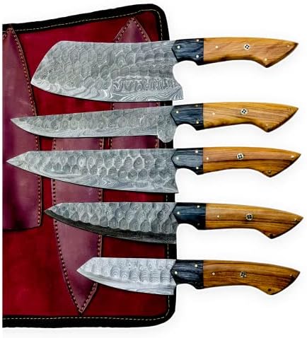5 Pcs Knife Set, Damascus Kitchen Knife Set with Olive Wood Handle, Utility Chef Kitchen Knife Set with Chopper/Cleaver with Pocket Case Chef Knife Roll Bag