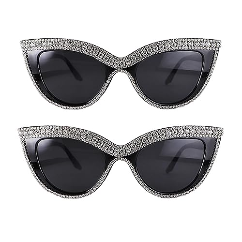 FUPRECIOUS Cat Eye Sunglasses Bling Rhinestones Crystal Black Plastic Frame Eyewear ((2 Pack) White)