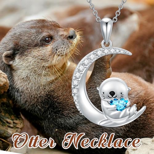 Image of PROESS Animal Birthstone Necklace 925 Sterling Silver Otter /Axolotl /Hippo /Elephant /Dachshund /Monkey /Red Panda Pendant Necklace Animal Birthstone Jewelry Gifts for Women