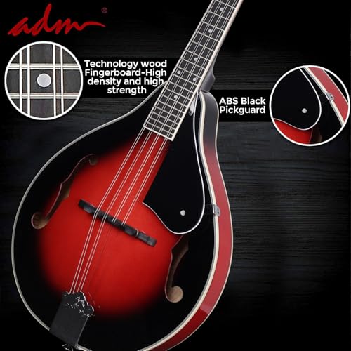 ADM Akustisches Mandolinen-Instrumenten-Set, Musik, A-Stil für Kinder, Studenten, Erwachsene, Holz-Mandolinen, Anfänger-Set mit Tasche, Stimmgerät, EQ, Gurt, Saiten, Plektren und Aufhänger, Rot