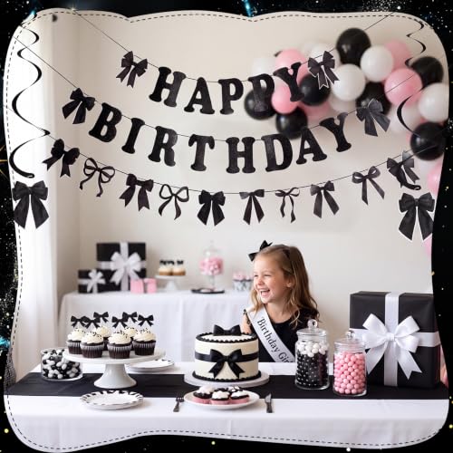 Image of NatNar Bow Birthday Decorations, Black Bow Happy Birthday Banner | Black Birthday Decorations with Cute Bow Hanging Swirls for Women Girls Birthday Party Supplies