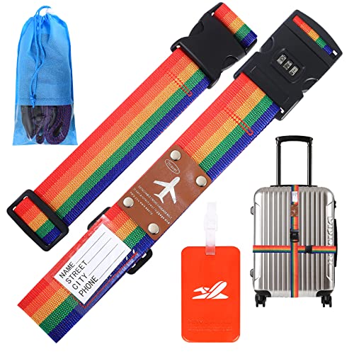 2 Pièces Sangles Valises, Sangles de Bagages Réglables, Sangle Valise Voyage avec Fente de Verrouillage par Mot de Passe, Porte-nom,Arc en Ciel Cover