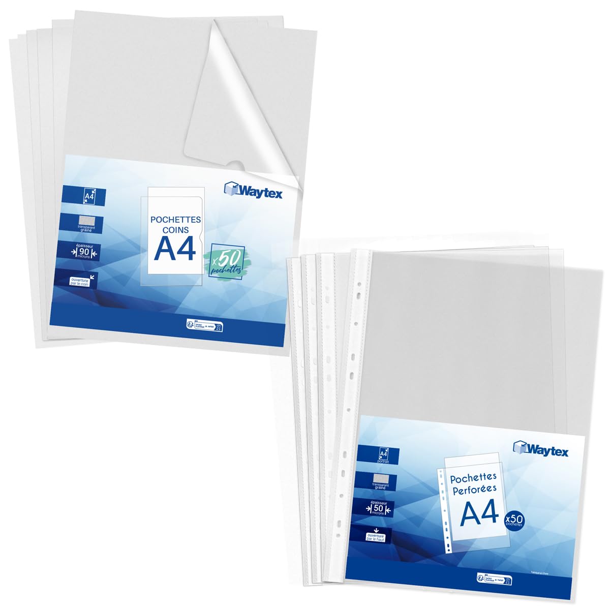 Pack of 100 A4 Transparent Pockets - 50 Reinforced Perforated Pockets for Filing Folders + 50 Corner Pockets, Anti-Static Polypropylene, Grained Anti-Glare and Document Filing