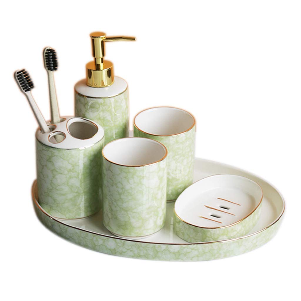 Dispensador de jabón líquido Creative Home - Juego de accesorios de baño de 6 piezas, que incluye jabón, dispensador de jabón, porta cepillo de dientes, jabonera, taza y bandeja práctica de cerámica,