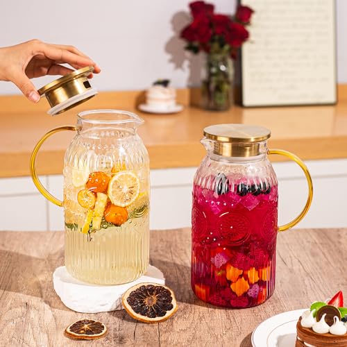 Image of Amzcku Glass Pitcher with Lid 68oz 2L Vintage Water Carafe Beverage 2Pack | Heat resistant glass, perfect for cold brew, coffee, lemonade, iced tea. Durable, stylish jug for daily use