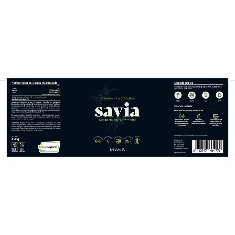 Savia Paleobull Creatina Creapure® + Electrolitos Esenciales 450 g, 45 dosis, con magnesio y potasio, sin gluten, polvo para mezclar con agua, zumo o batido.