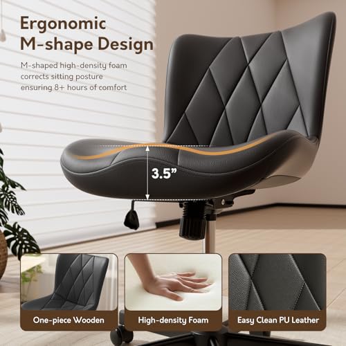 Image of Armless Desk Chair, Morden Home Office Chair no Arms, Adjustable Height & Rocking Computer Chair, PU Leather Vanity Chair, Ergonomic Seat Soft Padded Desk Chairs for Home Small Space, Black