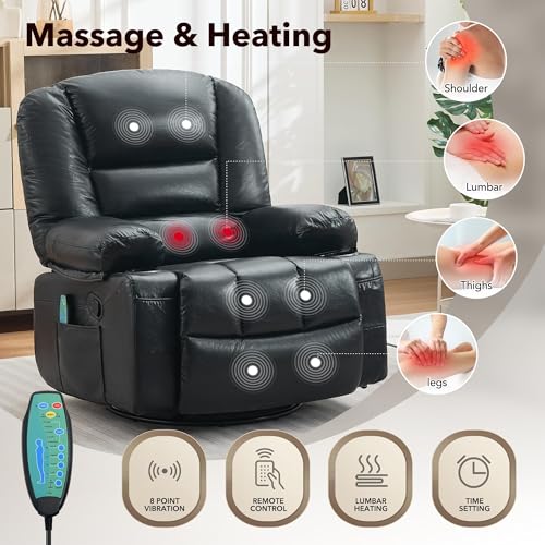 Image of Oversized Manual Swivel Recliner Chair for Adults, 360 Swivel Rocker Glider with Vibration Massage & Heat, Extra Wide Chenille Fabric Lazy Chair for Living Room Bedroom, Black PU
