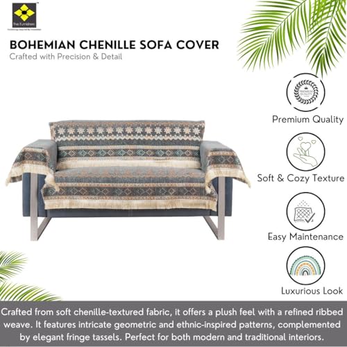 Image of Elegant Woven Grey Sofa Cover - Soft Chenille Traditional Pattern with Lace Style | L-Shape Sectional Seat Protector for Living Room | Durable & Stylish Slipcover 2 Seater with Arms