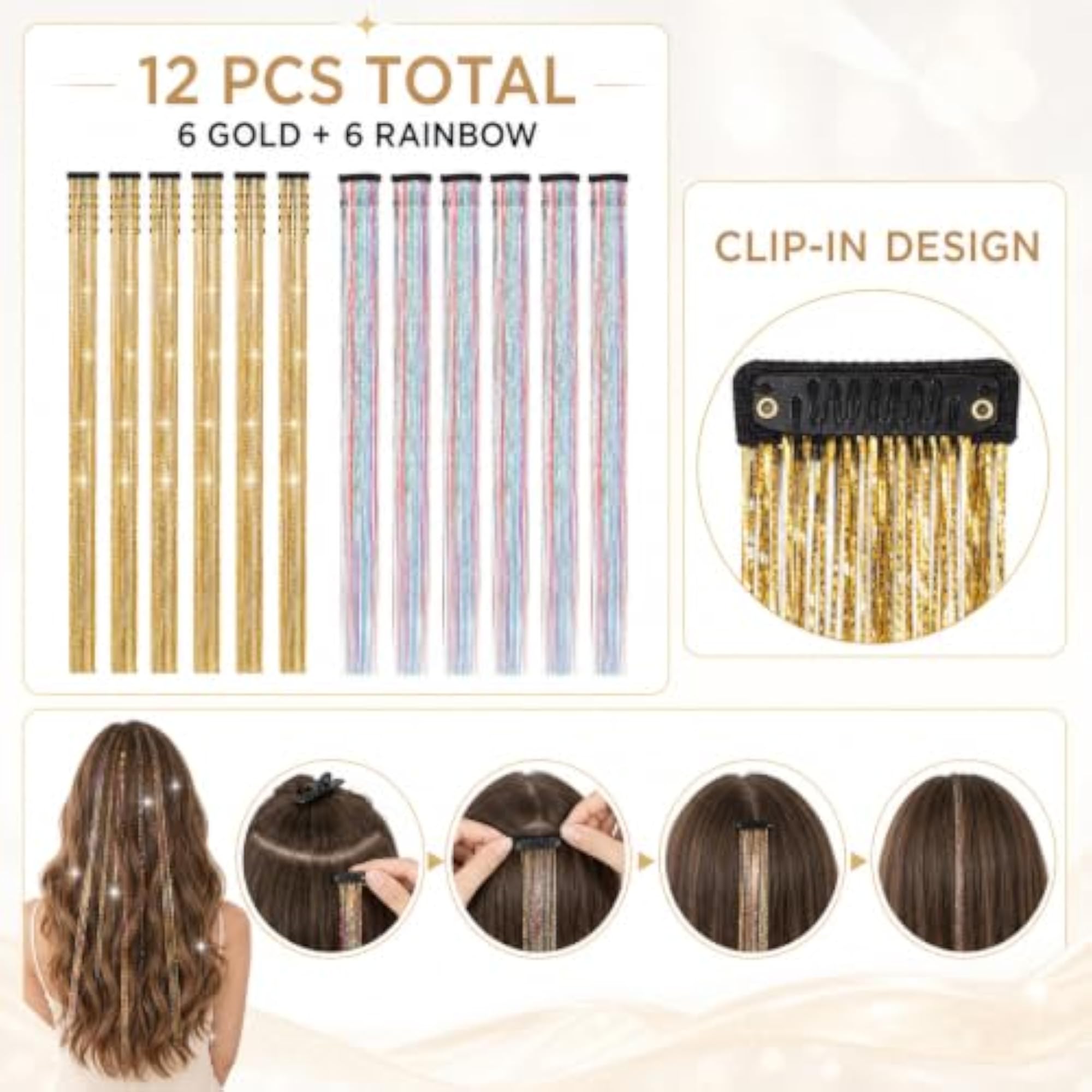 12Pcs Gold & Multicolor Clip-in Hair Tinsel Extensions
