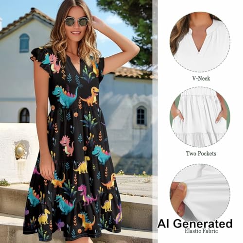 Image of Womens Summer Dress Ruffle Sleeve V Neck Dress Casual Fit Flowy Beach Vacation Sundress with Pocket S-2XL