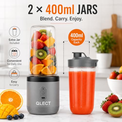 Image of QLECT Portable Blender for Smoothies & Juices | 400ml Personal Juicer Mixer Grinder | 1500mAh USB Rechargeable Battery | 2 Jars | Stainless Steel Blades | ISI Certified | Made in India