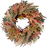 HipTree 20 Inch Fall Wreath for Front Door, Artificial Autumn Wreath with Maple Leaves Berries Wheat Grass, Fall Decorations for Home, Harvest Thanksgiving Decor for Porch Wall Indoor Outdoor