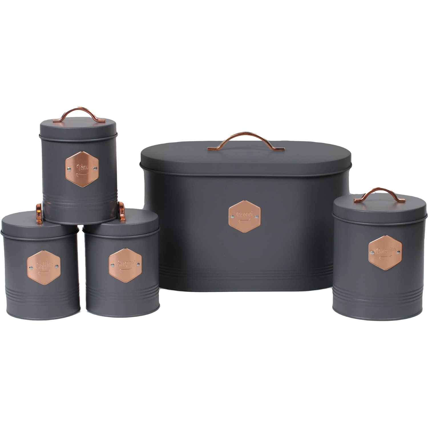 Buy Neo Matte Matt & Copper Metal Badge 5 Kitchen Countertop Canisters Jars Tins Set Tea Coffee