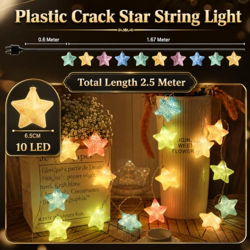 Image of One94Store Plastic Crack Star Led String Light 10 Led 3 Meter Warm White Fairy String Light for Indoor Outdoor Diwali Decoration Light Plug-in (Warm White)