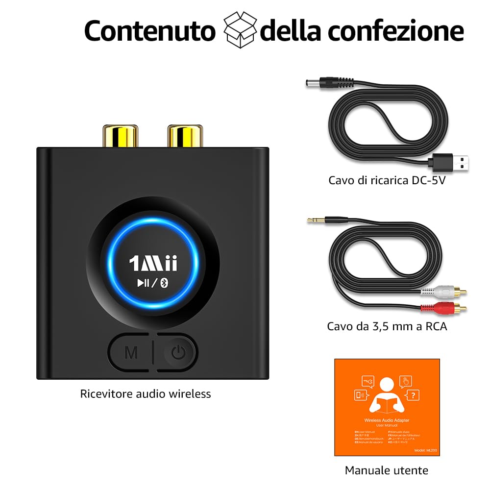 1Mii Ricevitore Bluetooth Senza Fili HiFi, Adattatore Audio Bluetooth RCA/AUX 3,5mm per Impianto Stereo, Autonomia 12H, Bassa Latenza