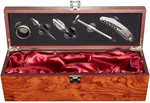 Foto von BRUBAKER 6-in-1 Barzubehör Kit mit Weinkiste - Edelholz Optik - Sommelier Dekantier Set aus Edelstahl mit Ausgießer + Flaschenstopfen + Weinthermometer + Tropfring für Wein Geschenkset