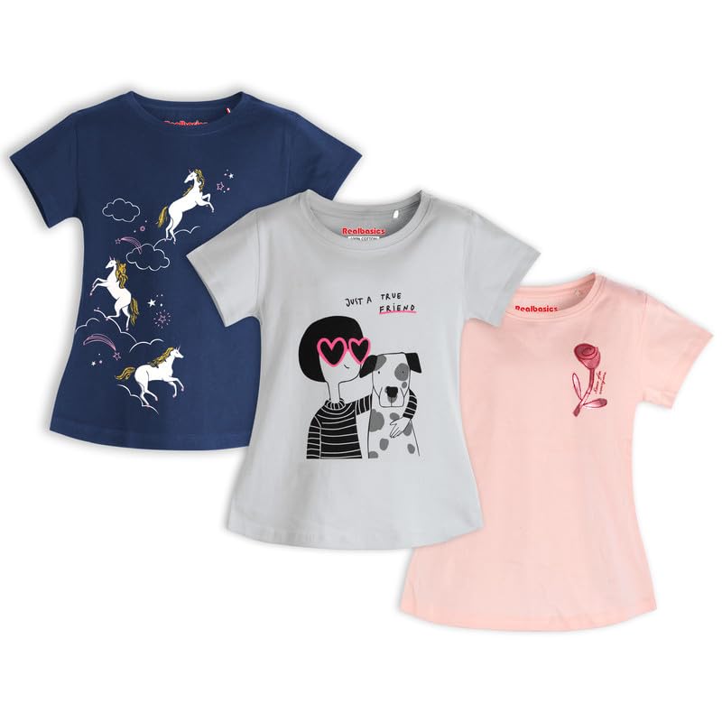 Image of Real Basics Cotton Regular Fit Half Sleeve Cotton T-Shirts for Girls - Round Neck Tops for Girl, Multicolor - Pack of 3