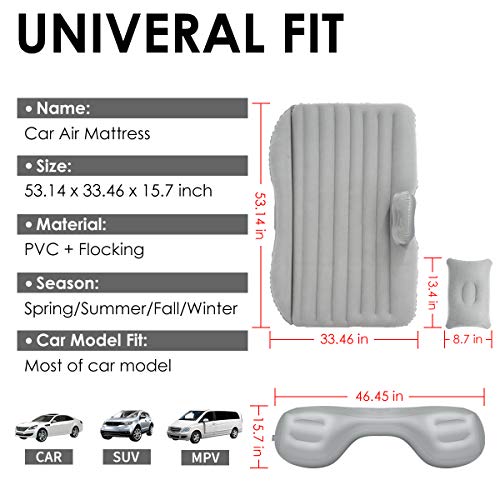 Inflatable Car Air Mattress, Removable Gray Backseat Air Bed with Air-Pump, Portable Car Travel Bed with Two Pillows Fits Most Car Models for Camping Travel, Hiking, Trip and Other Outdoor Activities