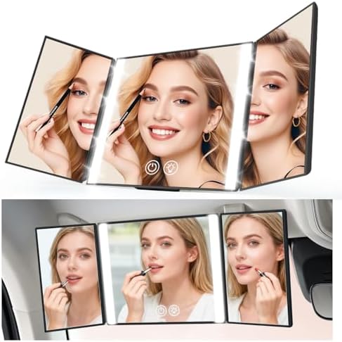 Car Makeup Mirror with 3 Way Lights, Sun Visor Vanity For Truck, Car Accessories For Women, Halloween Espejo Para Carro Fits Gift, LED Modes - Rechargeable Dimmable Touch Control & Foldable Design