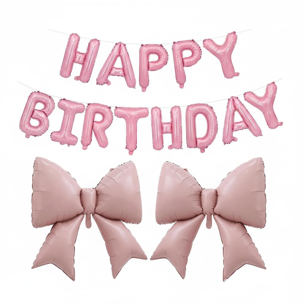 Pink Happy Birthday Balloons, Foil Bow Banner Decorations Set for Girls