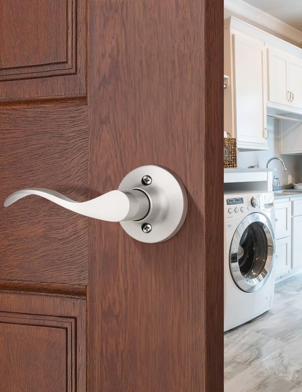 Image of Mengico 1 Pack Satin Nickel Dummy Door Lever, Single Left Side Door Handle for Closets, Non-Turning Pull Only Lever Set, Wave Style Interior Door Knob