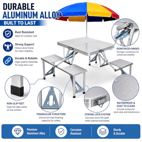 Image of Picnic Table Heavy Duty Aluminium Portable Folding Camp Suitcase Picnic Table and 4 Chairs Set with Umbrella (T1)