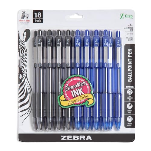 Zebra Pen Z-Grip Retractable Ballpoint Pen, Smooth-Flowing Black and Blue Ink, 1.0mm Medium Point, School & Office Supplies, Ideal for Note-Taking, Journal and Planner Use, 18-Pack (22018amz)
