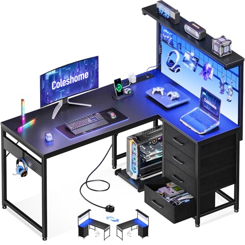 Coleshome L Shaped Gaming Desk with Drawers & Shelf, 110 × 80 cm Reversible Corner Computer Desk...