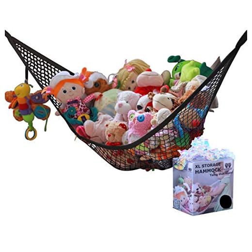 MiniOwls Toy Storage Hammock - Black Décor Strong Elastic Teddy Bear Organizer (Black, Large)