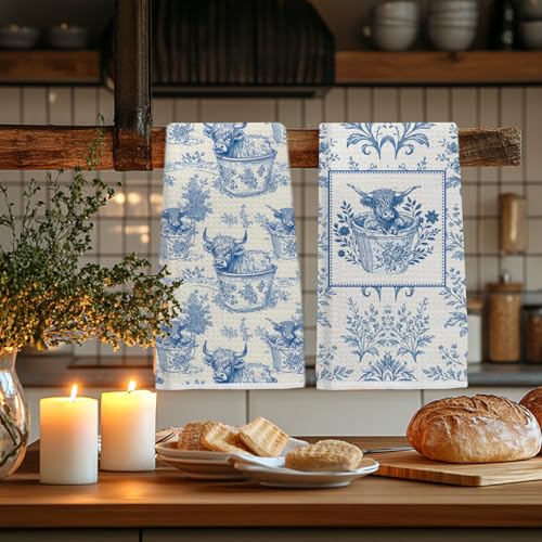 Image of Vintage Blue Chinoiserie Floral Highland Cow Kitchen Towels, Highland Cow Gifts Dish Tea Towels, Grandmillennial Farmhouse Heifer Decorative Hand Towel for Bathroom, 16x24 Inch Set of 2