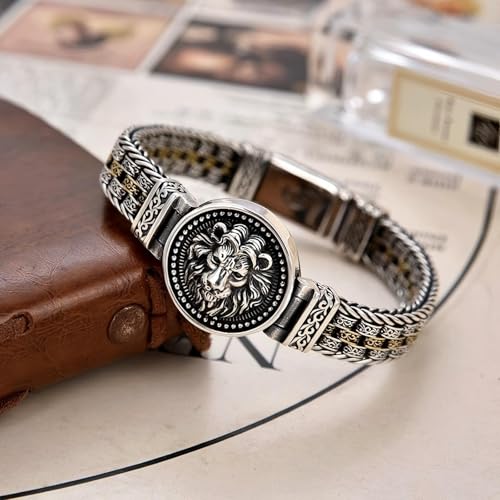 Italian Handmade Sterling Silver Mens Bracelets | Solid S925 Chain Bracelets | Men's Silver Bracelet Gift for Dad, Boyfriend, Son, My Man (8.6'' Lion Circular Vintage) - Image 3