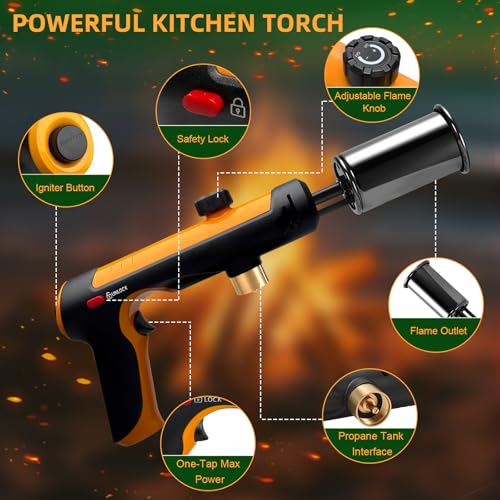 Image of Powerful Propane Torch with One-Touch Max Fire, Adjustable Kitchen Torch with Safety Lock, Flamethrower, Blow Torch Gun for Grill, BBQ, Sous Vide, Campfire Starter (Tank Not Included)