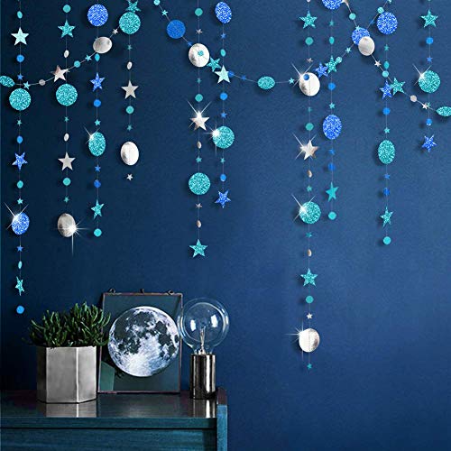 Kit de Guirlandes Bleu et Argenté en Petite Étoile Brillant Bannière Décorations Métalliques Mate Grand en Papier Cercle pour Anniversaire,Fête de Naissance Bébé,Mariage,Noël,Chambre d’Enfant,Mariage