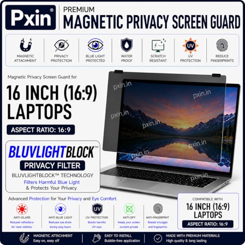 Image of Pxin Nano | 16 Inch (16:9) | Magnetic Privacy Screen | Anti Blue | Anti Glare | UltraThin for Hyper Touch | Anti UV | Nano Privacy Filter compatible with HP /Dell /Lenovo /Asus /Acer