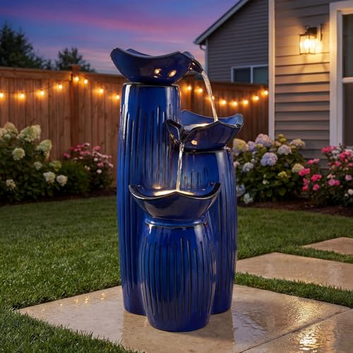 Ultym 30" H Ceramic Outdoor Water Fountain with Lights, Geometric Design