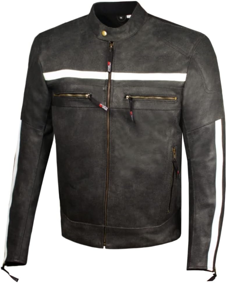Men's Vintage Motorcycle Jacket Distress 100% Natural Cowhide Leather Premium CE Armor Cafe Racer Jacket Black L