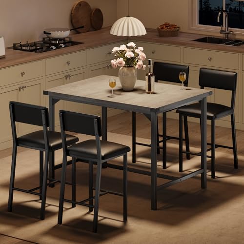 GarveeHome Dining Table Set for 4 W/Footrest & Backrest, Counter Height Table with 4 Upholstered Bar Stools, Kitchen Table Set with Corner Protector, for Small Space, Retro Gray