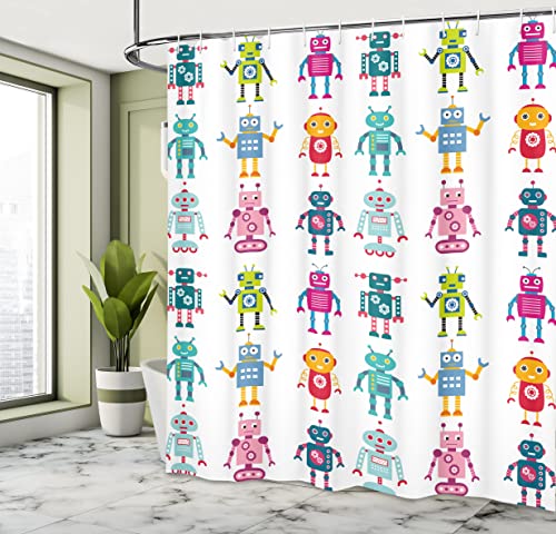 ABAKUHAUS Nursery Shower Curtain, Colorful Cartoon Style Robot Futuristic Funny Mascots Friendly Androids - Image 4