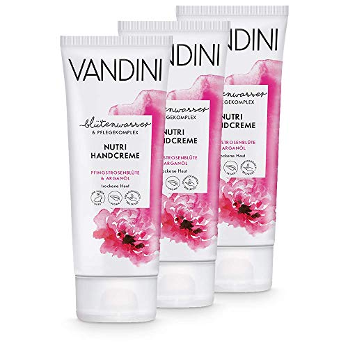 VANDINI Nutri Handcreme Damen mit Pfingstrosenblüte & Arganöl - Intensiv Creme für trockene Haut - vegane Hautpflege für Frauen ohne Silikone, Parabene & Mineralöl (3x 75 ml) Cover