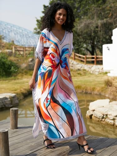 Image of IMAGEKOPE Kaftan Dresses for Women Plus Size Bathing Suit Cover up Vneck Batwing Dress Loose fit Moroccan Caftan mumu Dresses
