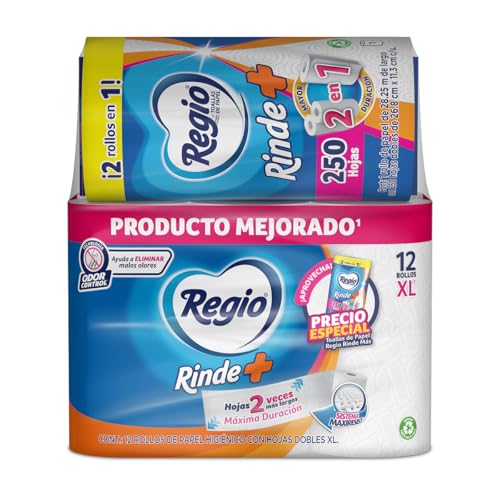 Regio Papel Higiénico Rinde + 12 rollos XL + Regio Toalla de Cocina Rinde + 1 rollo 250 hojas dobles de regalo