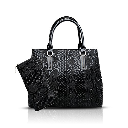 Tisdaini® Damenhandtaschen mode Schultertaschen Schlangenhaut-Muster lackleder set 2 stuck Shopper Umhängetaschen Brieftasche Schwarz Cover