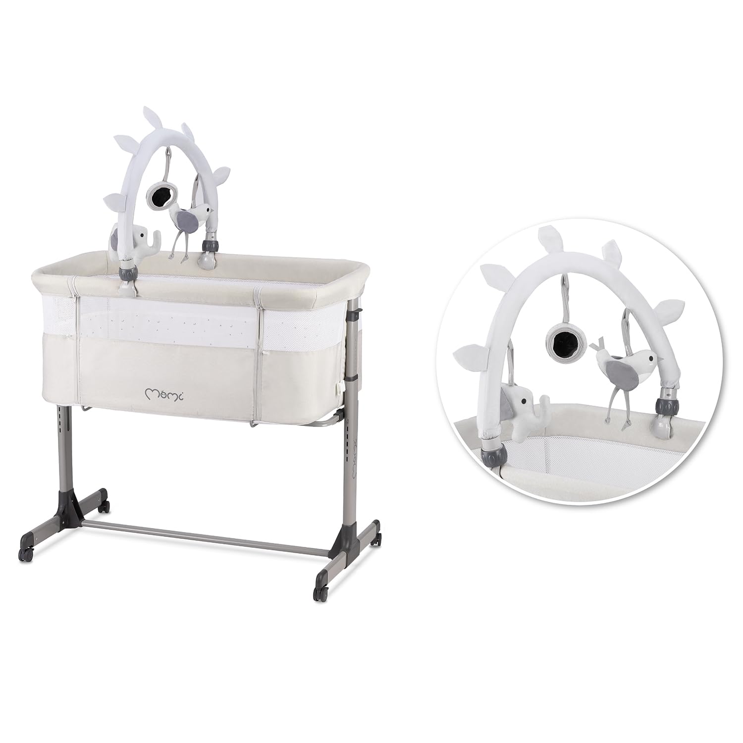 Momi REVO Cuna Multifuncional Ajustable en 6 Posiciones de Altura de 72 a 82 cm, con Ruedas, colchón Incluido, Correas de fijación, mosquitera y Barra de Juguetes