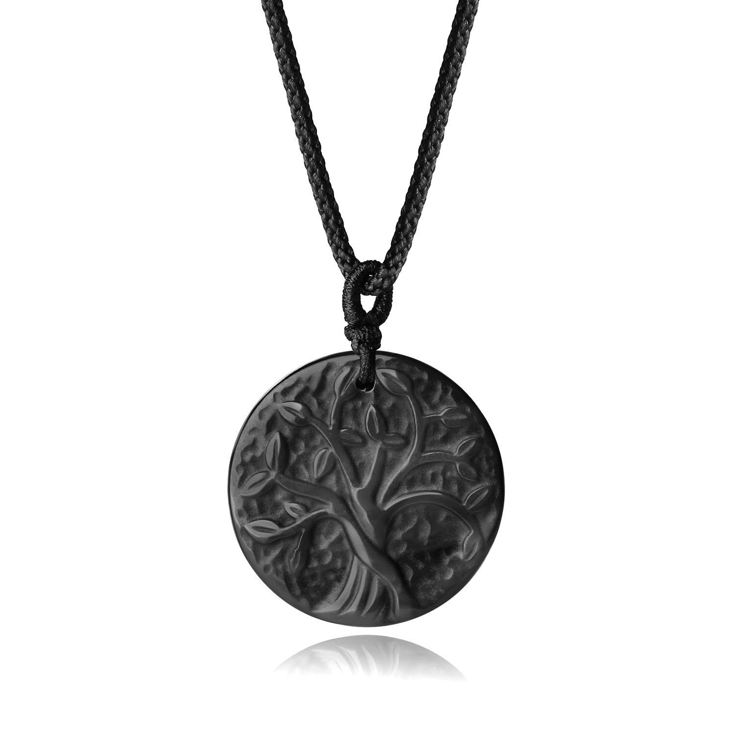 COAI Tree of Life Necklace Black Obsidian Necklace, Stainless Steel Necklace/Nylon Cord